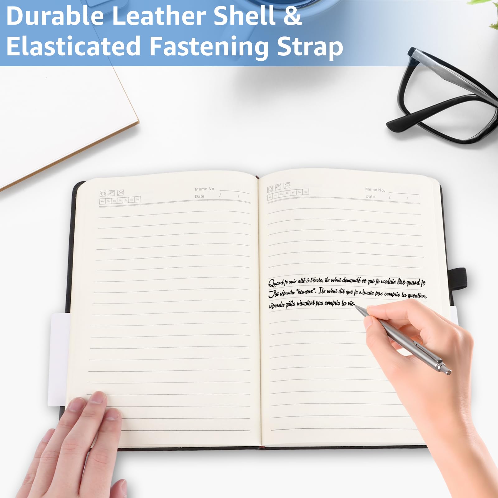 Lot de 8 Carnet A5 Noir, Carnet de Notes en Cuir PU 212x145 Mm, Cahier de Note 240 pages avec Porte-stylo, Élastique, Ruban Marque-page et Poche pour Bureau, École et Journal