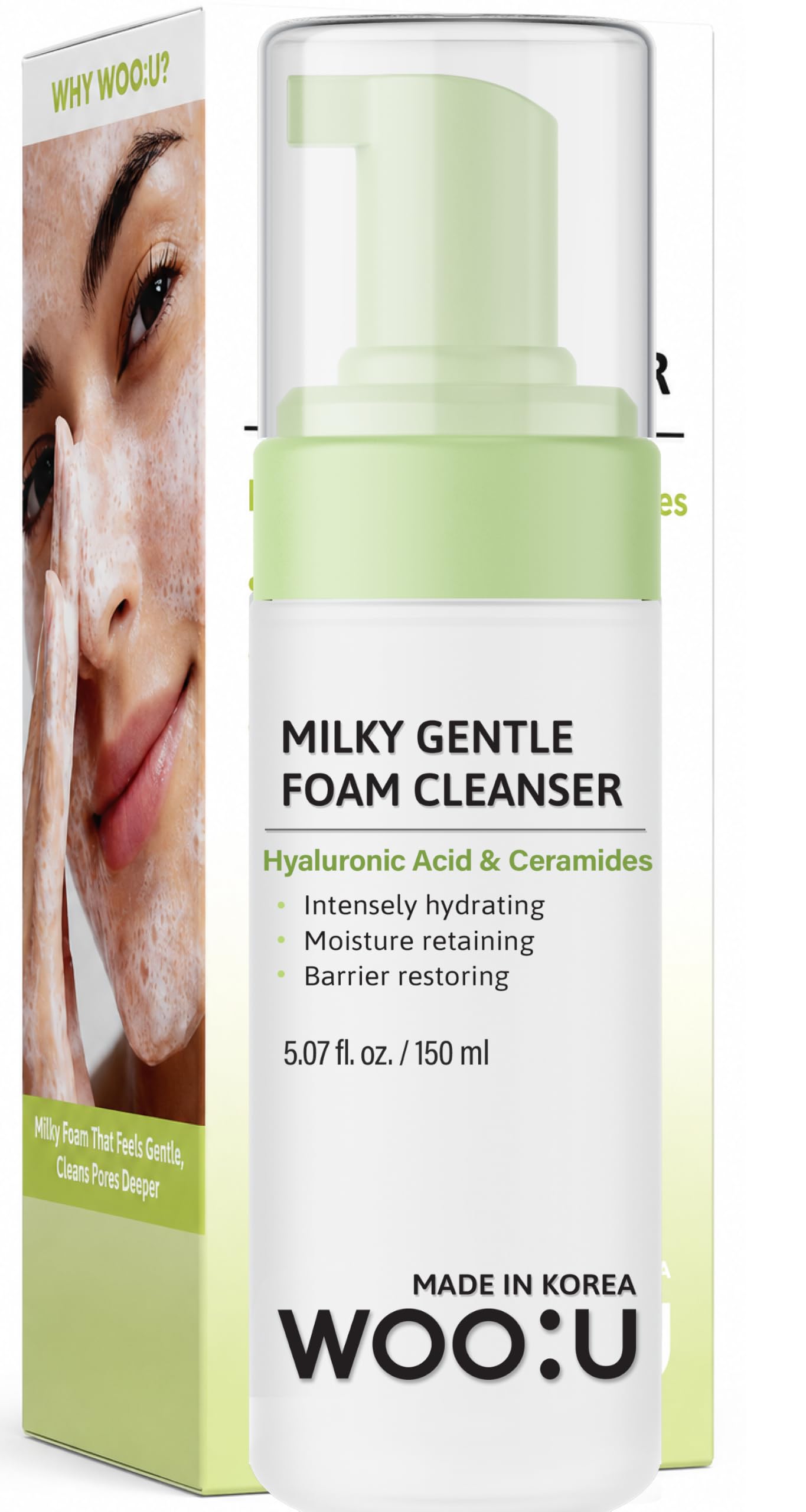 WOO:U Hyaluronic Acid & Ceramides Facial Cleanser - Dermatologist Tested, Anti Aging, Korean Skin Care - Hydrating Milky Foam For Soft Radiant Looking Skin - Vegan Cruelty Free, Clean Beauty - 5 Fl Oz