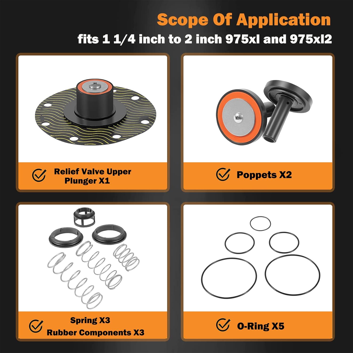 Complete Replacement Repair Kit for 1-1/4" to 2" Models 975XL and 975XL2 Backflow Preventer, Includes Poppets, Springs, Seats and More