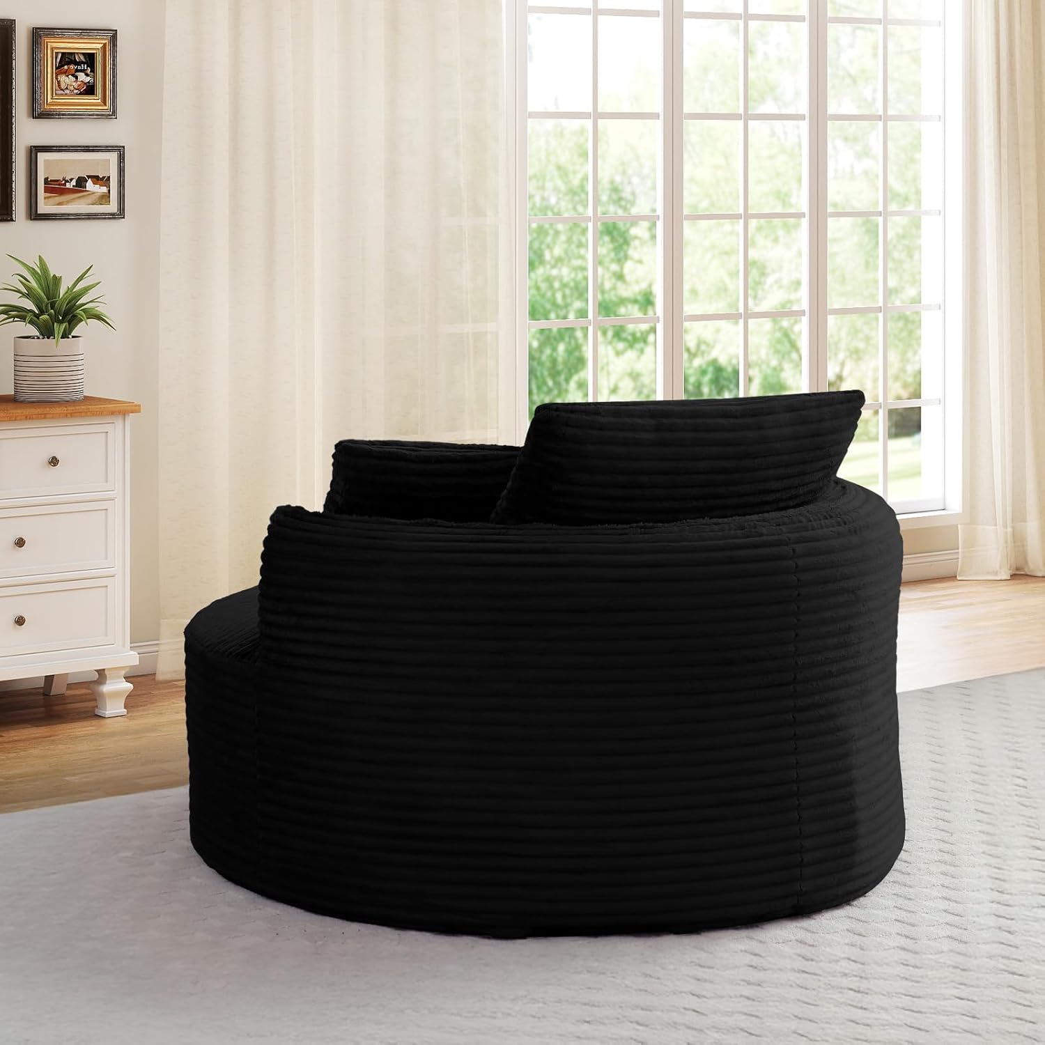53-inch Boneless Round Chair, Circle Corduroy Memory Foam Upholstered Chaise Lounge Indoor, Comfy Reading Accent Deep Seat Sofa Chair for Living Room, Bedroom, Office, No Assembly Required, Black