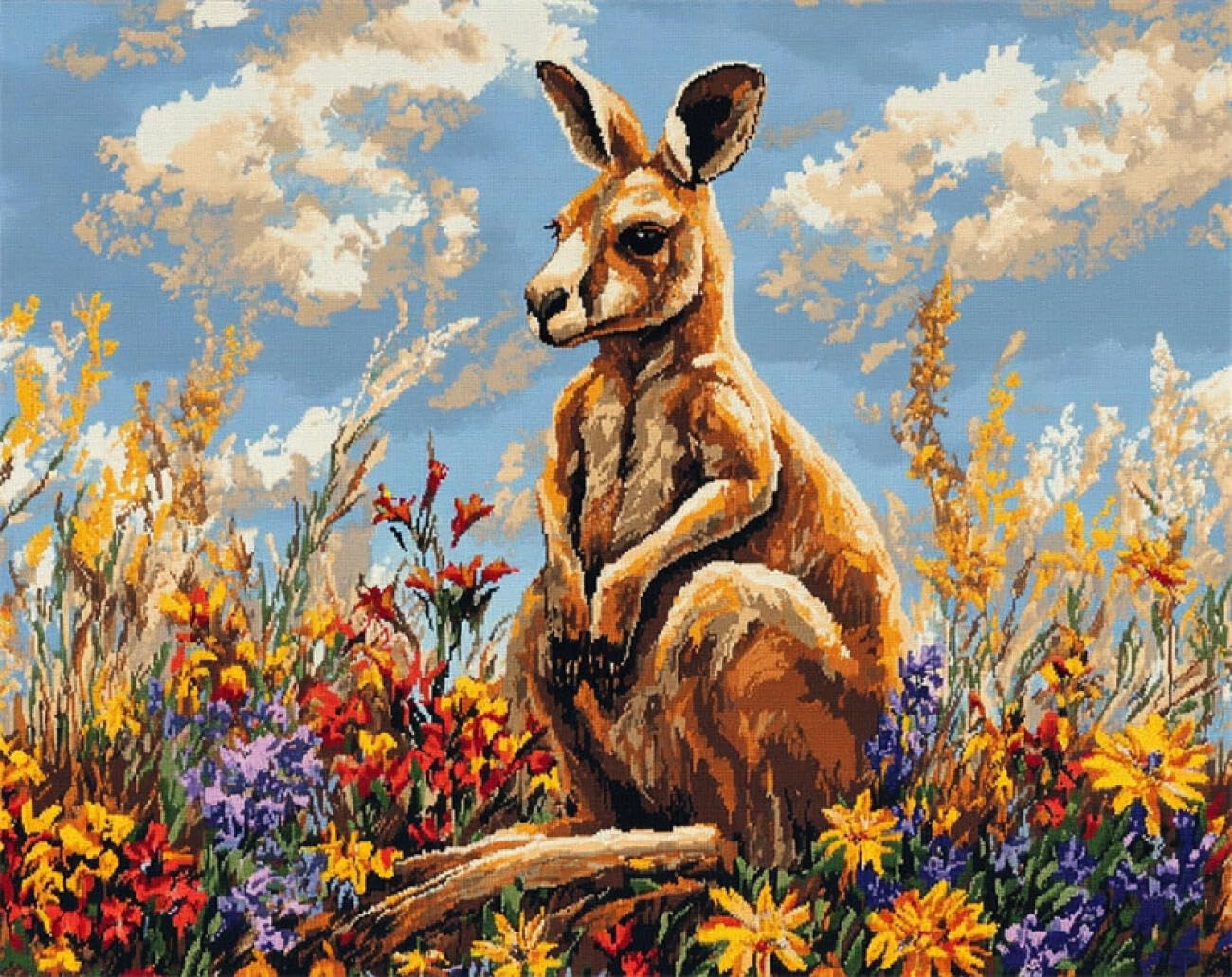 AxiangziK DIY Embroidery Kit Kangaroos and Flowers 11CT 30x40cm
