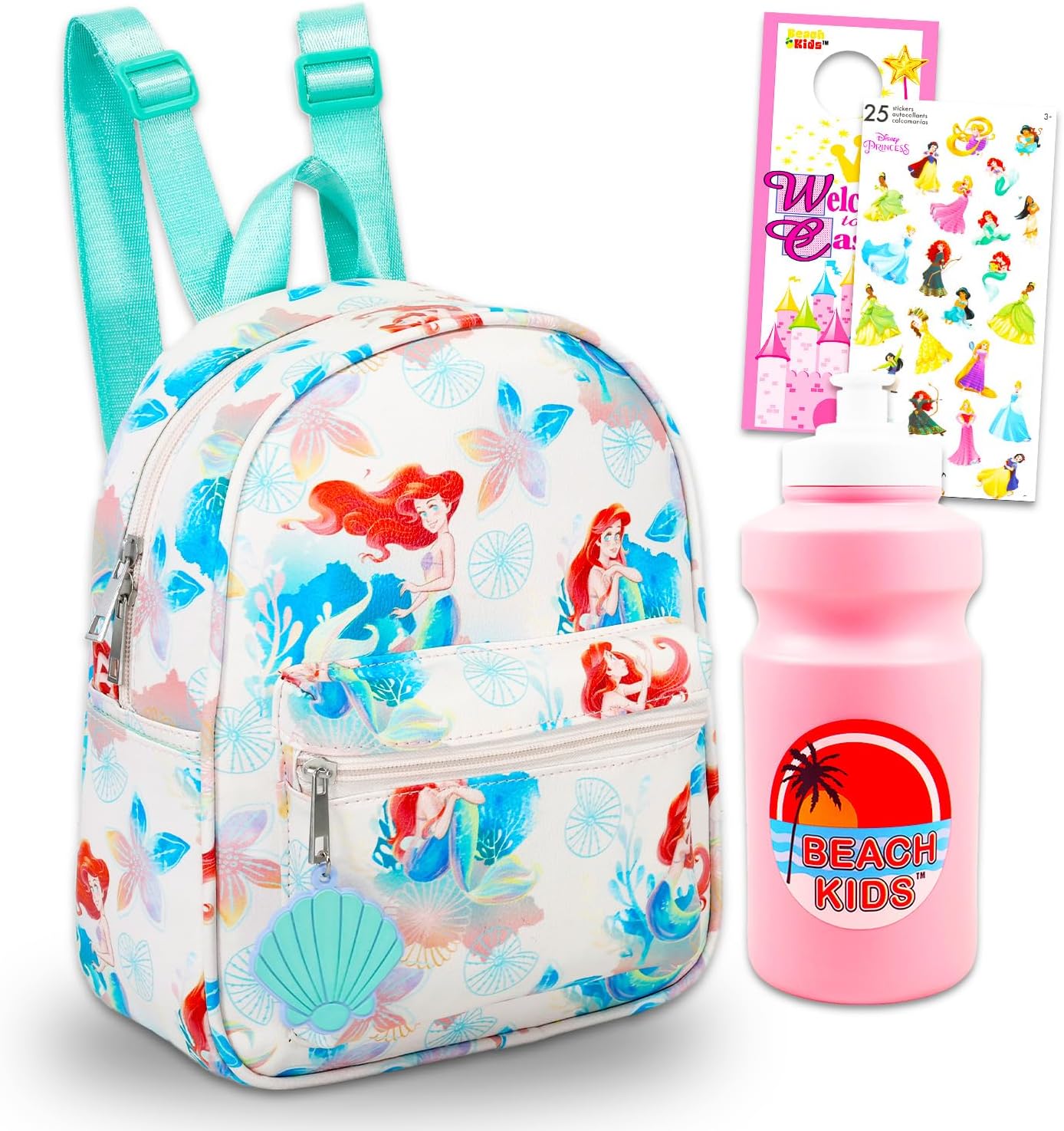 Disney Little Mermaid Mini Backpack Set - 10" Faux Leather Ariel Backpack with Front Pocket for Women Plus Water Bottle, Stickers, More | Little Mermaid Backpack Purse Bundle