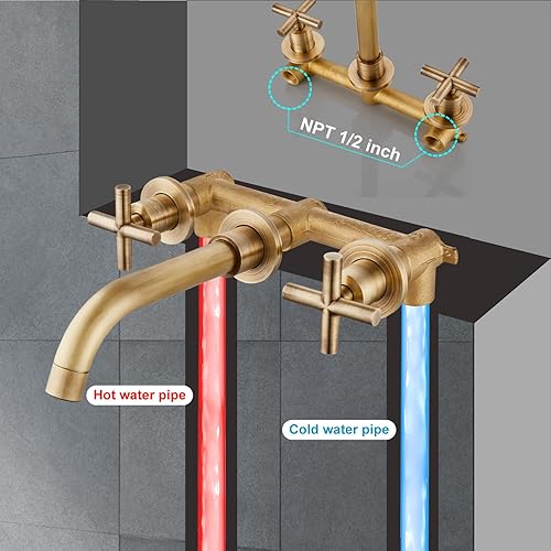 Miniatura 2 de Midanya Grifo de lavabo de baño montado en la pared, doble manija de 3 agujeros, grifo mezclador de lavabo de tocador con válvula áspera en doble