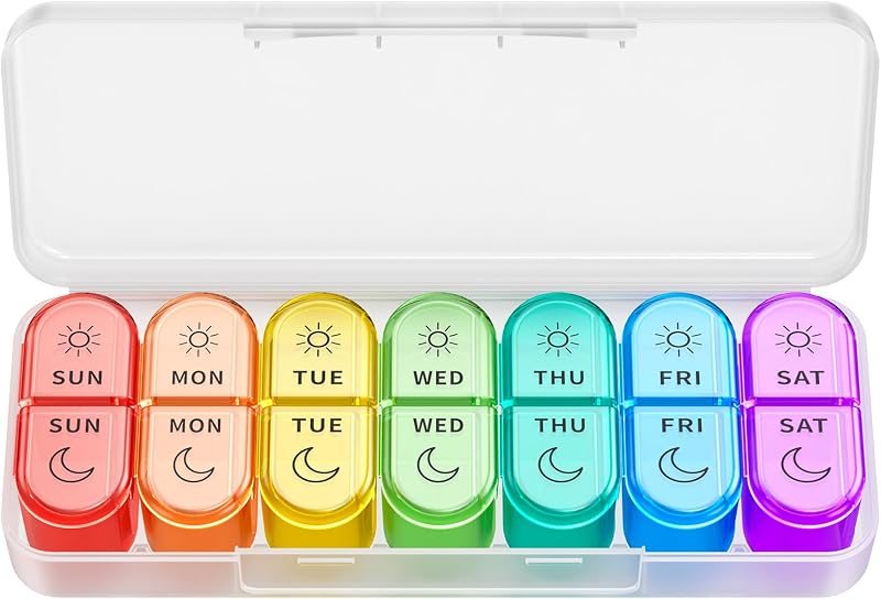 Weekly Pill Organizer 2 Times a Day - AM PM Pill Organizer with 7 Daily Color-Coded Small Cases, Morning and Night Travel Pill Cases for Vitamins, Medicine, & Supplements | Arthritis-Friendly, Large Capacity, Color-Coded, BPA-Free, Big Print, Clear View, Spill-Proof, Travel-Ready