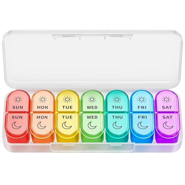 Weekly Pill Organizer 2 Times a Day - AM PM Pill Organizer with 7 Daily Color-Coded Small Cases