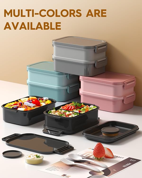 KEMETHY Adults Bento Lunch Box Set with Thermo Bag, 74oz Stackable Leak-proof 3-tiers Bento Box, Built-in Utensil and Sauce Container for Work, School, Dining Out (Black) by KEMETHY - Image 8