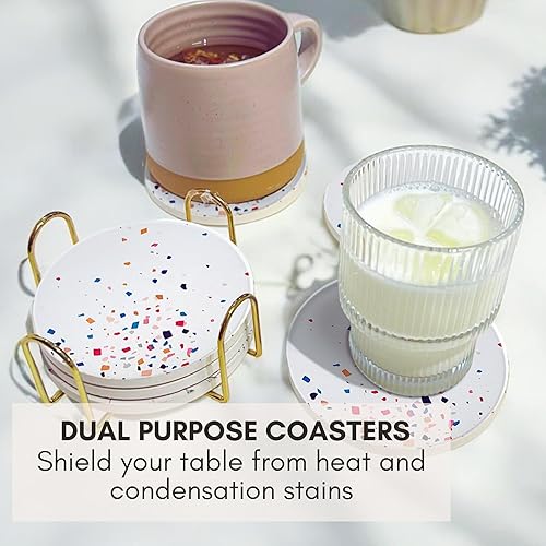 Miniatura 4 de Juego de 6 posavasos absorbentes de terrazo con soporte, posavasos de cerámica para bebidas, decoración de mesa auxiliar, posavasos de piedra