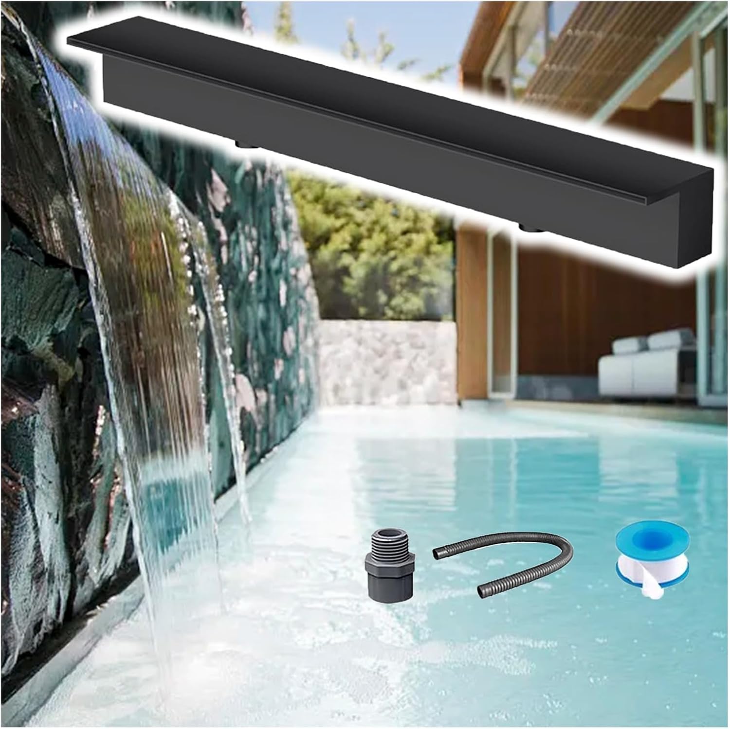 All-in-1 Pond Waterfall Kit, 72" 60" 50" 48" 40" 36" 24" 18" 16" 12" Custom Pool Fountain Water Feature Spillway, Embedded Mount Spray Water Accessories,Black-54in/137cm Wider