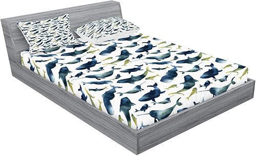 Miniatura 2 de Ambesonne Narwhal - Juego de sábanas ajustables y fundas de almohada, ballenas de acuarela del océano ártico, ilustraciones de orca azul ballena,