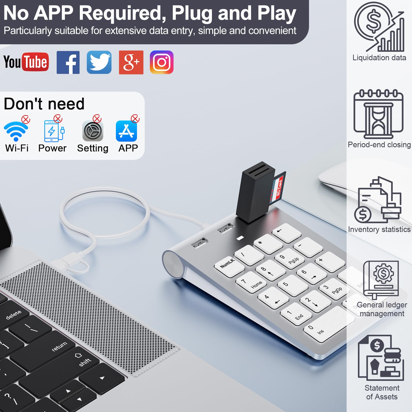 Pavé Numérique avec USB A/USB C, Multifonctions Clavier Numérique avec 3 Ports USB 2.0, 18 touches, Mini Clavier Numérique Ergonomique 15° pour Ordinateur Portable, Notebook et Ordinateur de bureau