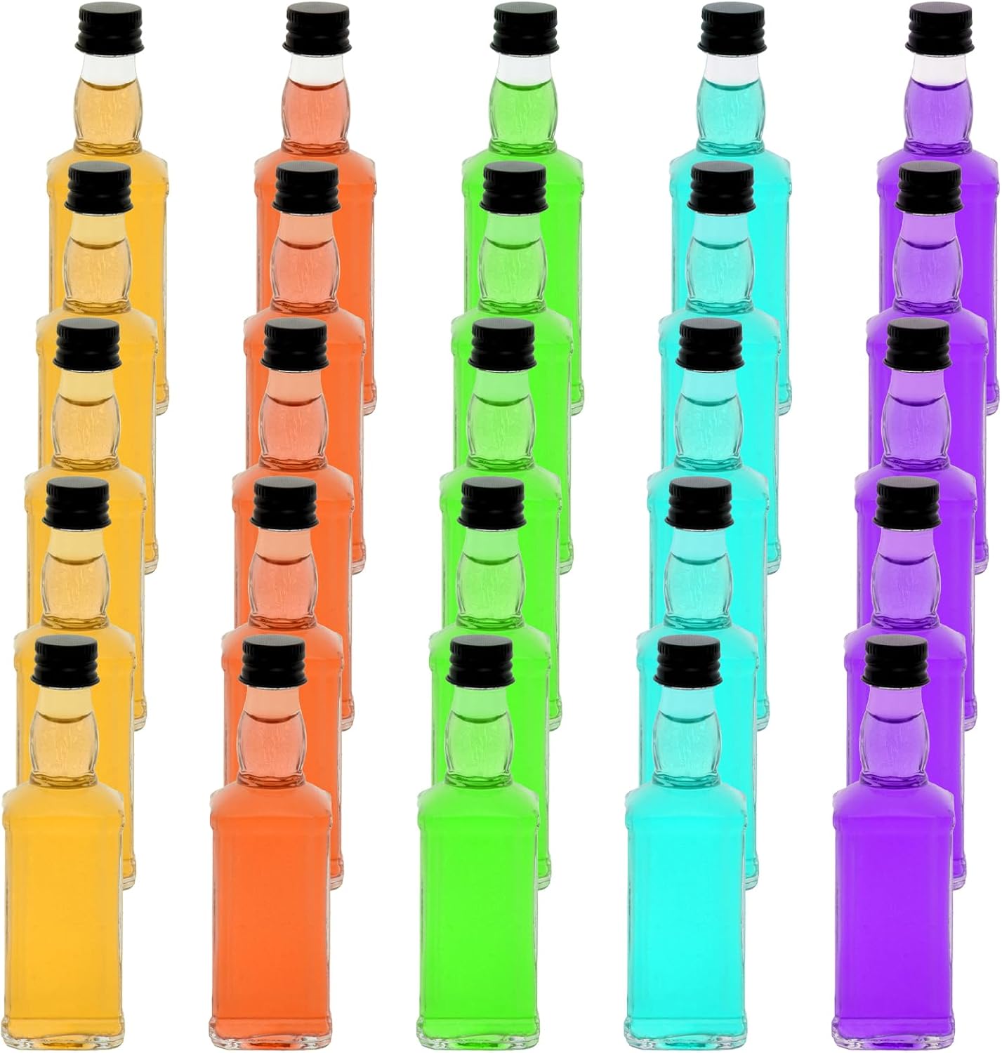 25 Pcs Square Mini Glass Liquor Bottles with Lids Small Glass Wine Bottles Reusable Empty Alcohol with Aluminum Black Screw Cap (25 Pcs 1.7 OZ Glass Bottles)