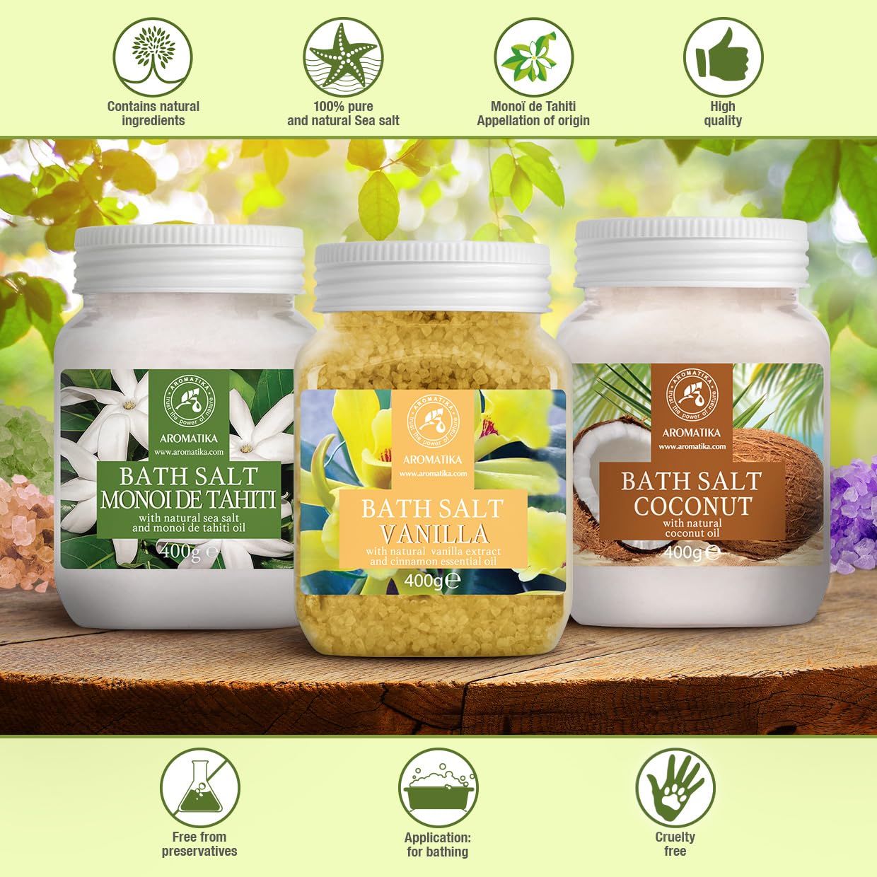 Set Sali da Bagno con 3x400g di Monoi de Tahiti - Vanilla - Cocco - Naturale al 100% - Ideale per Dormire Bene - Antistress - Bagno - Cura del Corpo - Benessere - Bellezza - Rilassamento - Spa