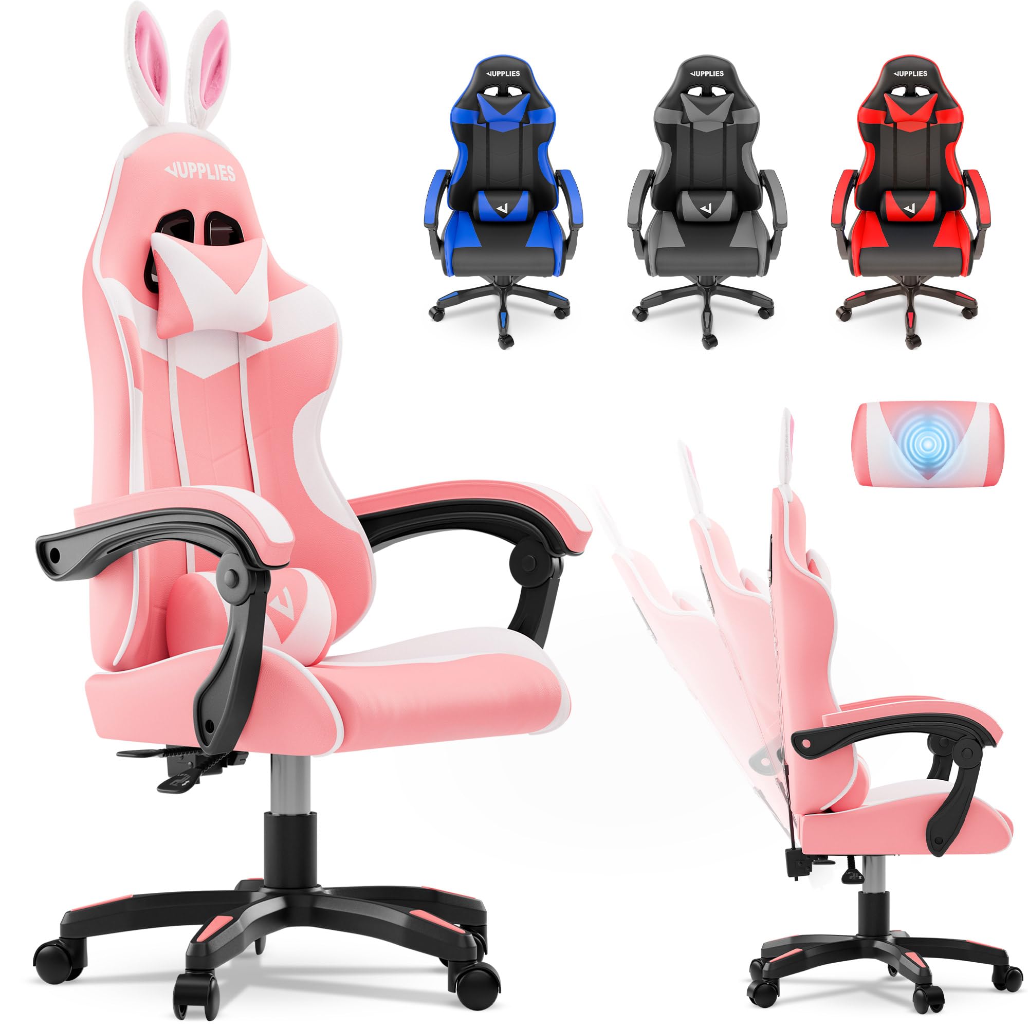 JUPPLIES Chaise Gaming Ergonomique Coussin Massage Lombaire | Fauteuil Gaming Réglable en Hauteur et Inclinable 135° | Chaise Bureau Ergonomique avec Coussin Cervical (Rose, sans Repose-Pieds)
