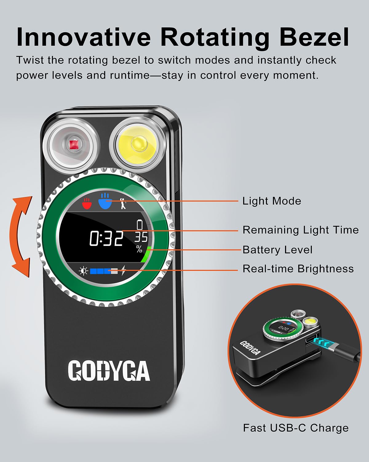 Godyga Linterna LED Recargable 2 en 1, Mini Linterna con Luz Blanca y Roja, Contador de Golf Manual, 500 Lúmenes, USB-C, Clip Magnético, para Golf, Camping, Senderismo y Emergencias