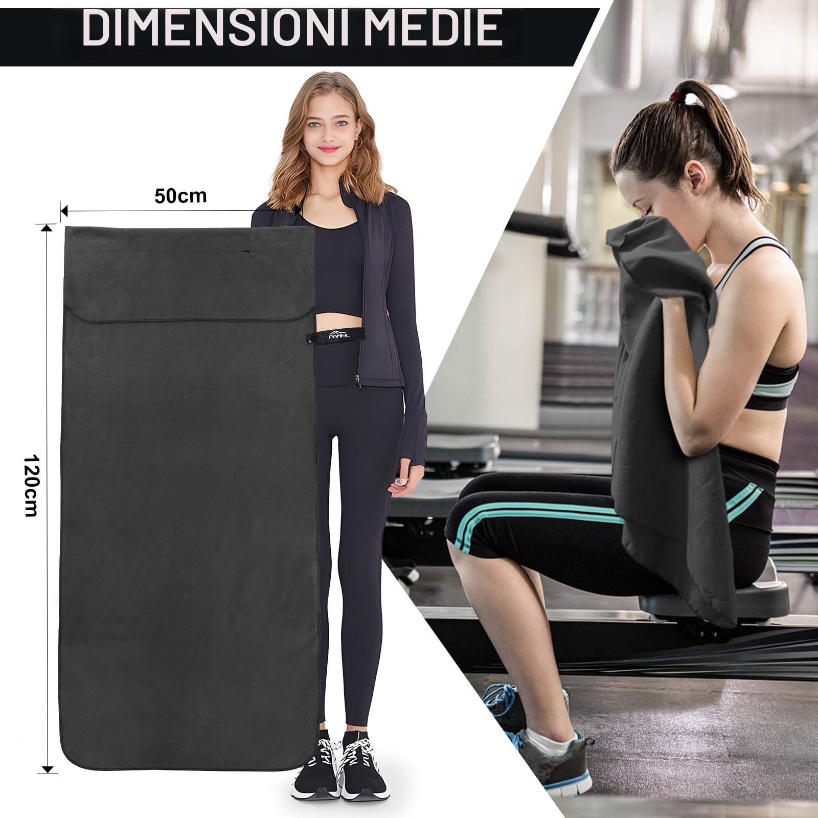 Pameil Asciugamano Palestra | 120x50cm Asciugamano Microfibra Con Tasca Con Cerniera | Asciugatura Rapida, Leggero, Assorbente Asciugamani Mare Microfibra e Asciugamani Palestra Fitness