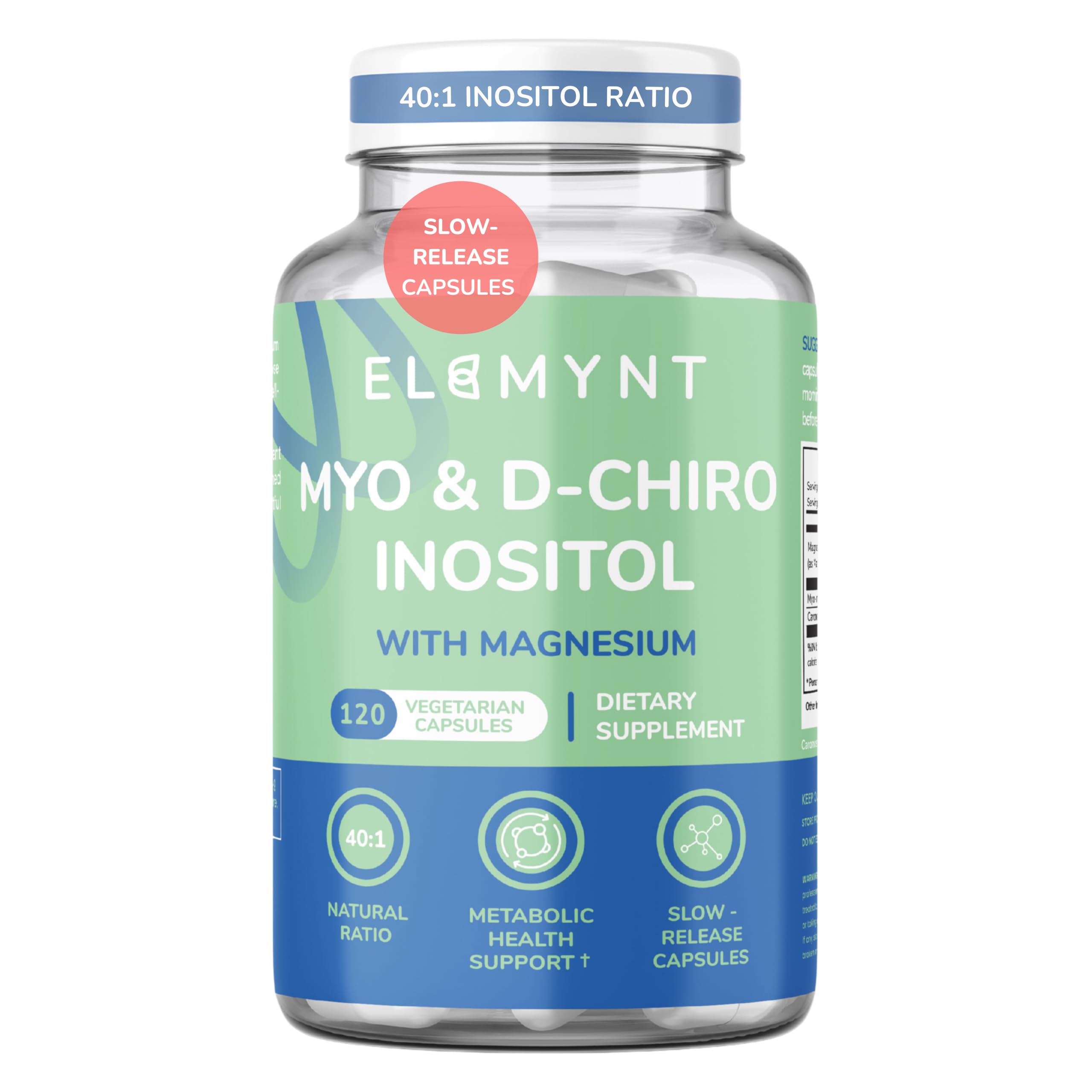 ELEMYNT Suplemento de Inositol com Magnésio para Mulheres, 2.000 mg de Myo-Inositol, 50 mg de D-Chiro Inositol e 100 mg de Magnésio, 120 cápsulas