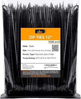 ALBO Zip Ties Black 12 Inch 1000 Pack Long Plastic Cable Ties Thick 0.19 Inch Tie Wraps Heavy Duty 50 lb UV Resistant Nylon Wire Ties for Indoor and Outdoor