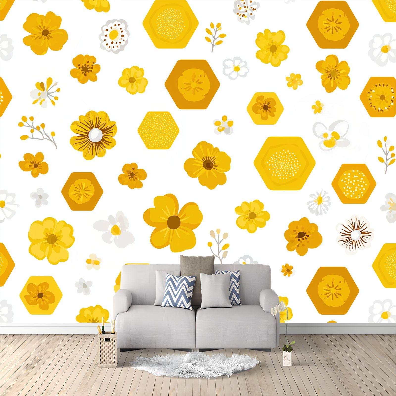 Générique Panoramiczna tapeta Cartoon Flowers Sześciokąty Liście trawy 350 x 256 cm Wysokiej jakości gobelin ścienny z włókniny - dekoracja ścienna, do pokoju dziecięcego i biura biała