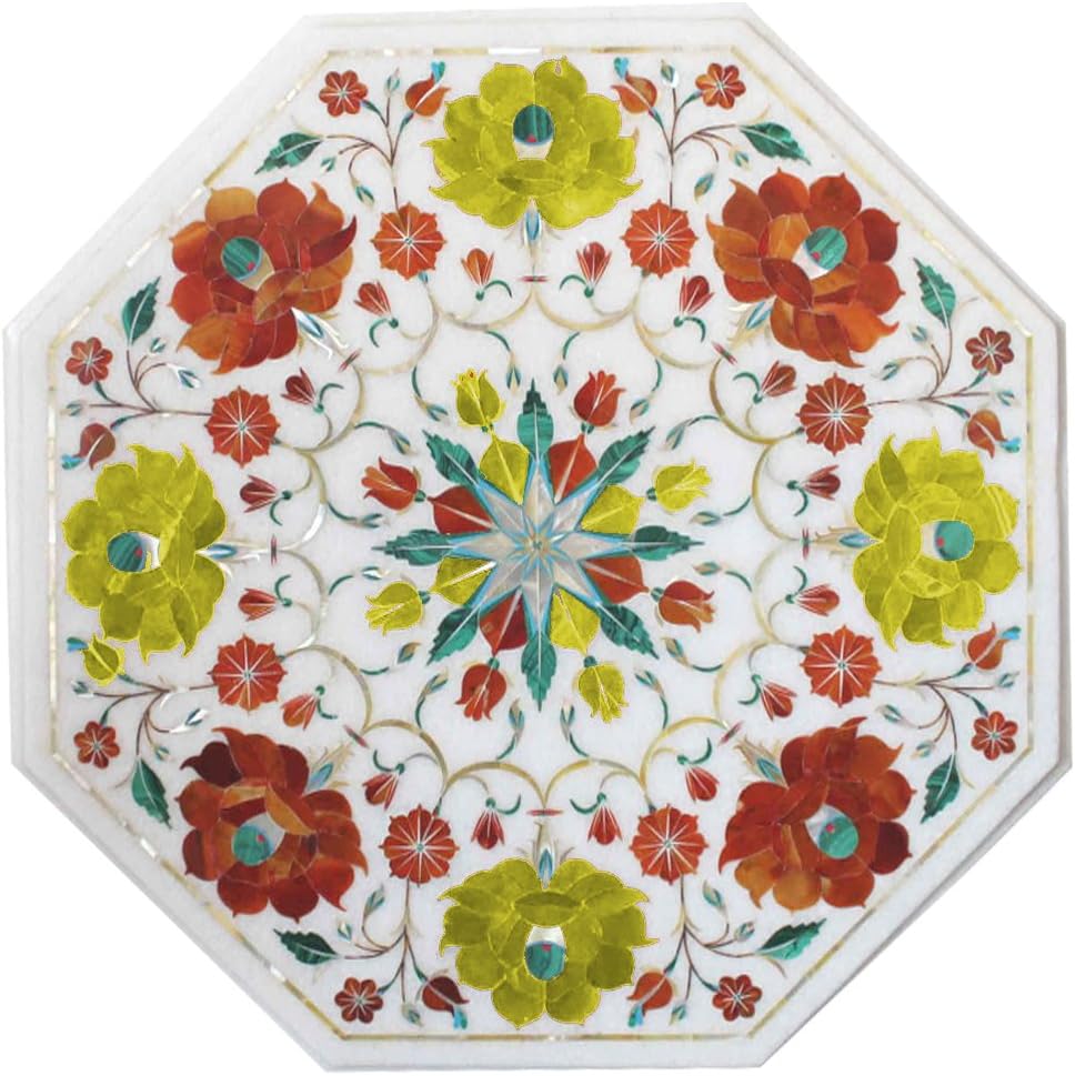 crafts look Red and Yellow Flower Design Marble Inlay Table Top