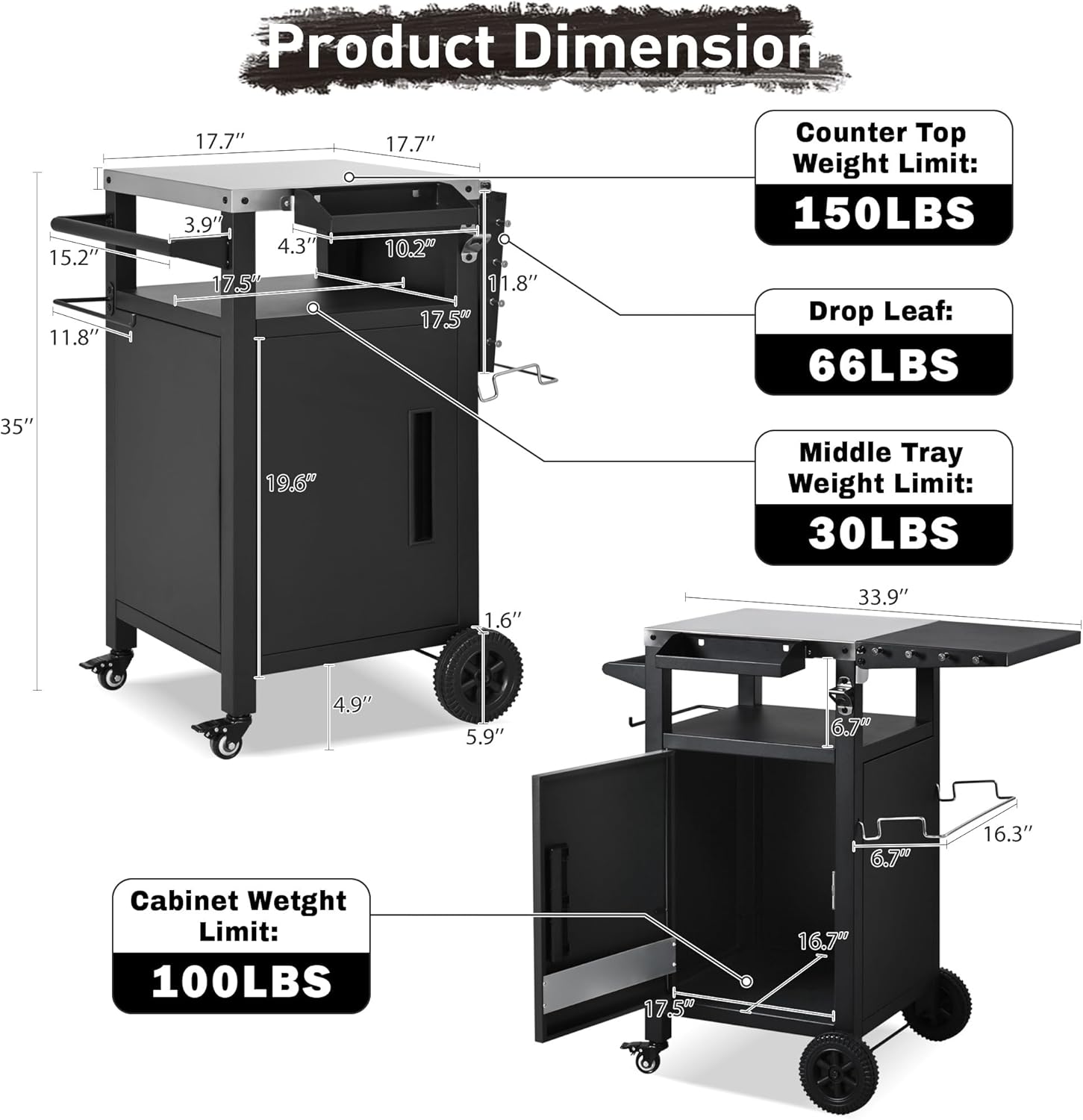 33.9" Metal Outdoor Island with Foldable Table, Kitchen Island Cart with Stainless Steel Top & Hooks & Spice Rack & Wheels, Rolling Island for BBQ, Lawn Garden, Black