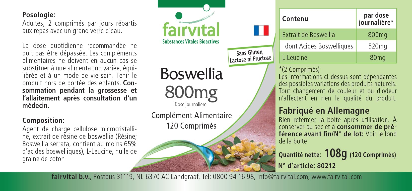 Comprimés d'encens fairvital, extrait de Boswellia serrata, dose journalière de 800mg, 360 comprimés (3 x 120), encens indien hautement dosé contenant au moins 65% d'acides boswelliques, végétalien
