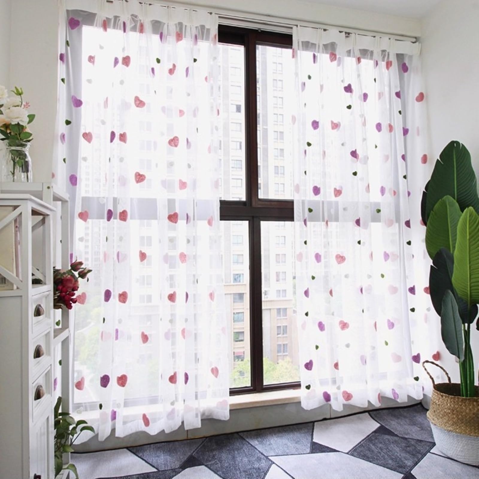 Beydodo Rideau Transparent Salon Lot de 2, Rideaux Voilage Interieur 137 x 229 Poche de Tige, Gaze Blanche À Motifs De Cœurs