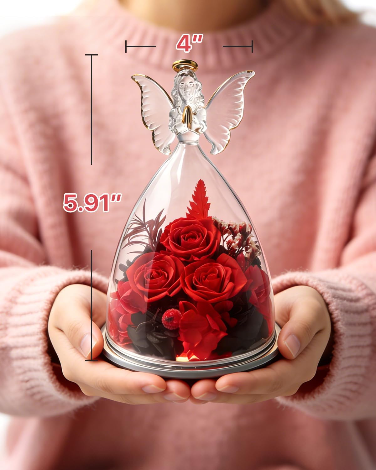 for Mom - Preserved Real Rose in Glass Angel Figurine with LED Light, Unique Birthday Gifts for Women Grandma Wife, Forever Fresh Flowers for Delivery, Sympathy