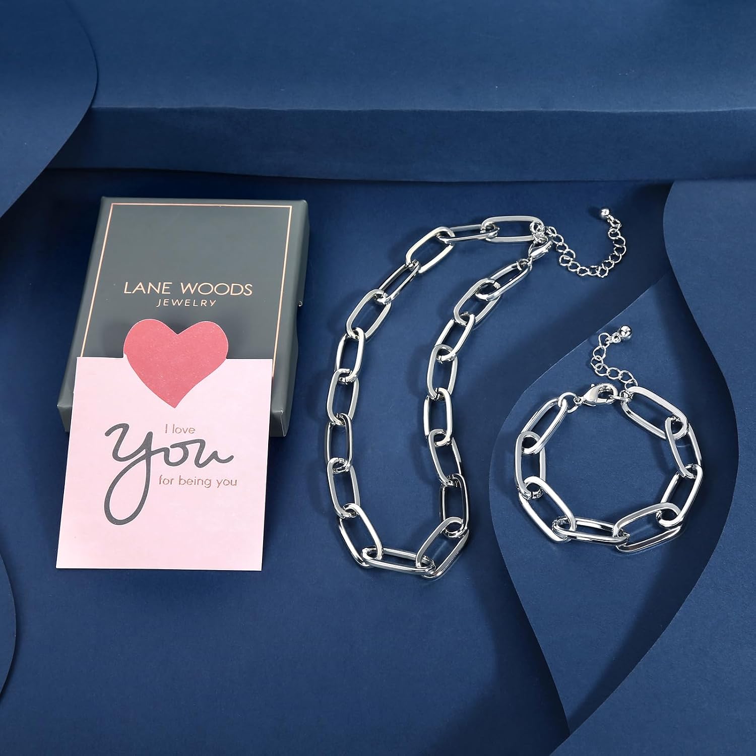 LANE WOODS Gold Chain Necklace and Bracelet for Women Ladies Dainty and Chunky Chain Link Paperclip Jewelry Set