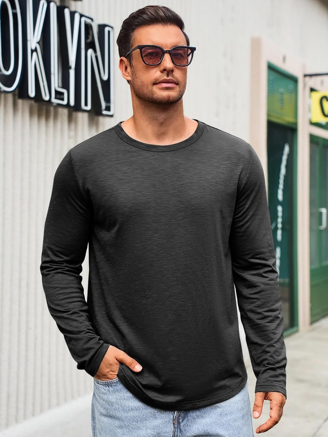 Men's Long-Sleeved Crew Neck T-Shirt Plain Regular Fit Tops Sports Leisure Shirts Casual Basic Vest