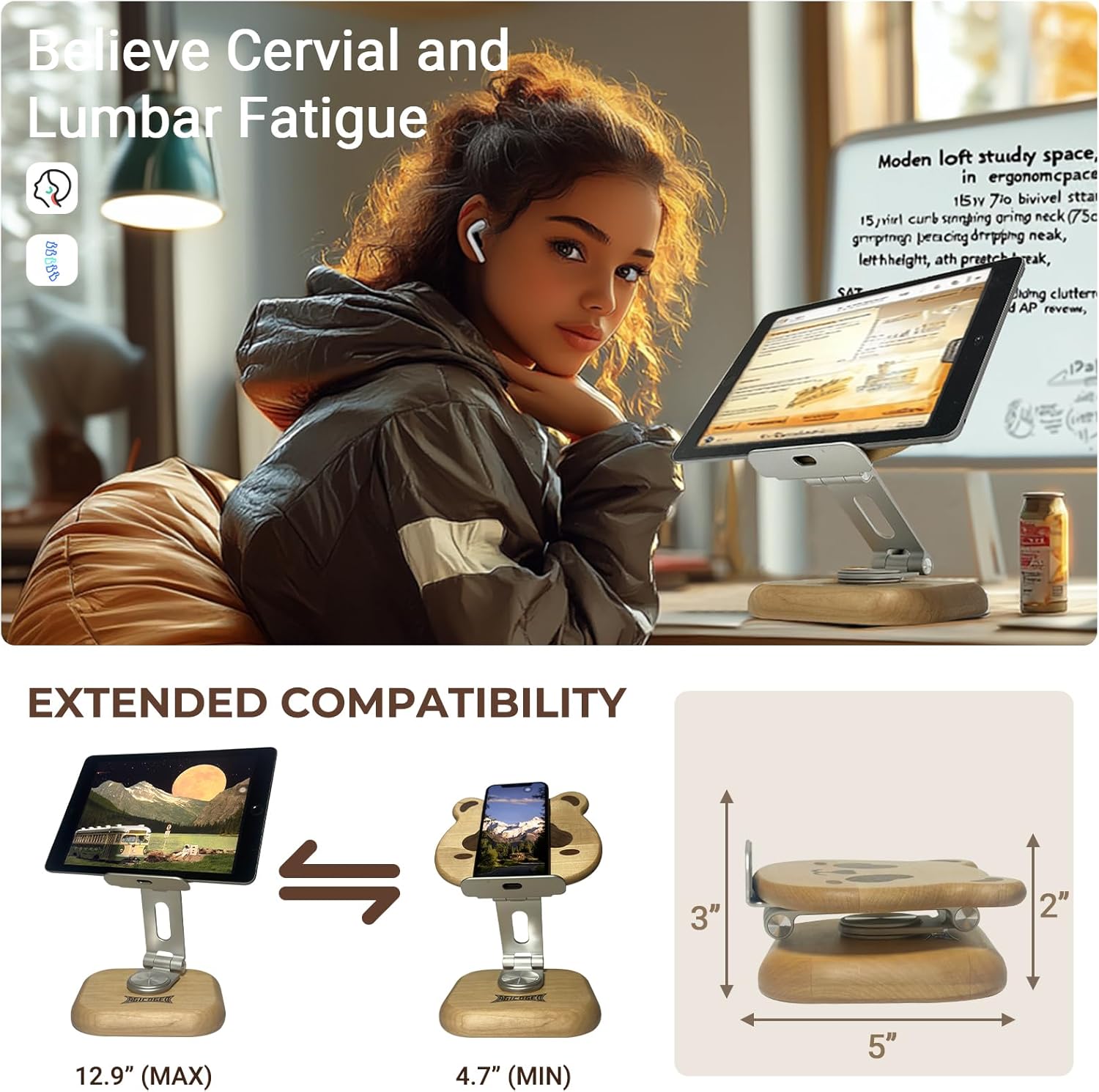 Solid Wood Tablet Stand, Tablet Holder for iPad, 360° Rotating iPad Holder Art Design, Heavy Duty Adjustable Base for Office, Home & Travel (Panda)