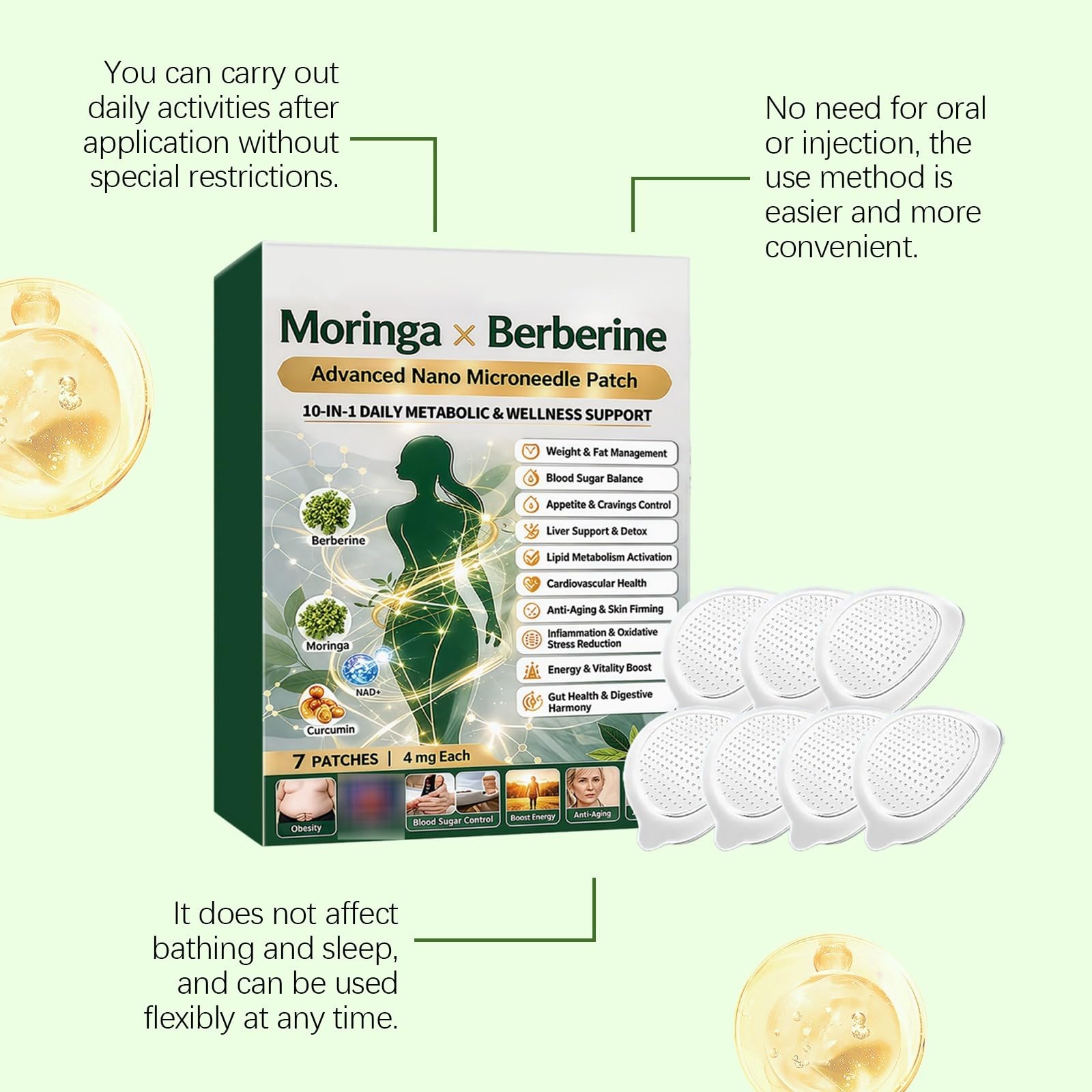 Moringa Plaster 10-IN-1, Moringa X Berberine Slimming, 10 w 1 Nano Microneedle, naturalne wyszczuplanie do utraty wagi, płaskich stomach, łatwe w aplikacji, dla mężczyzn i kobiet, naturalne składniki