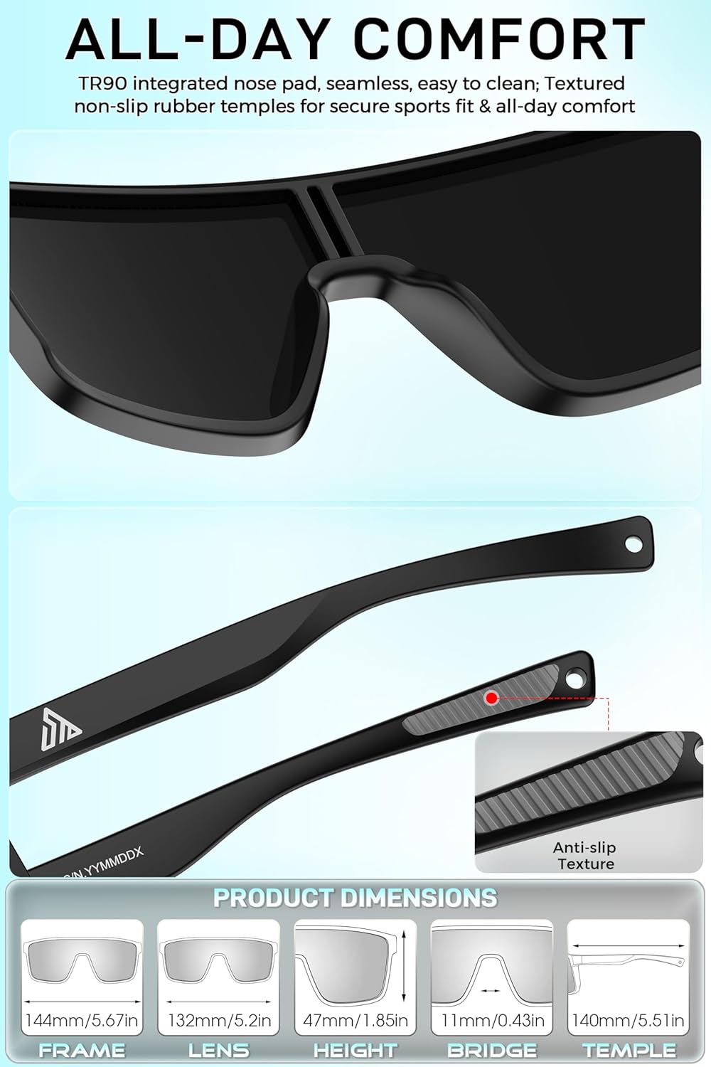 SIPLION Polarized Sunglasses Men & Women: Stylish Sports Frame UV400 Protection Anti-Slip Large Lens for Cycling Running Golf