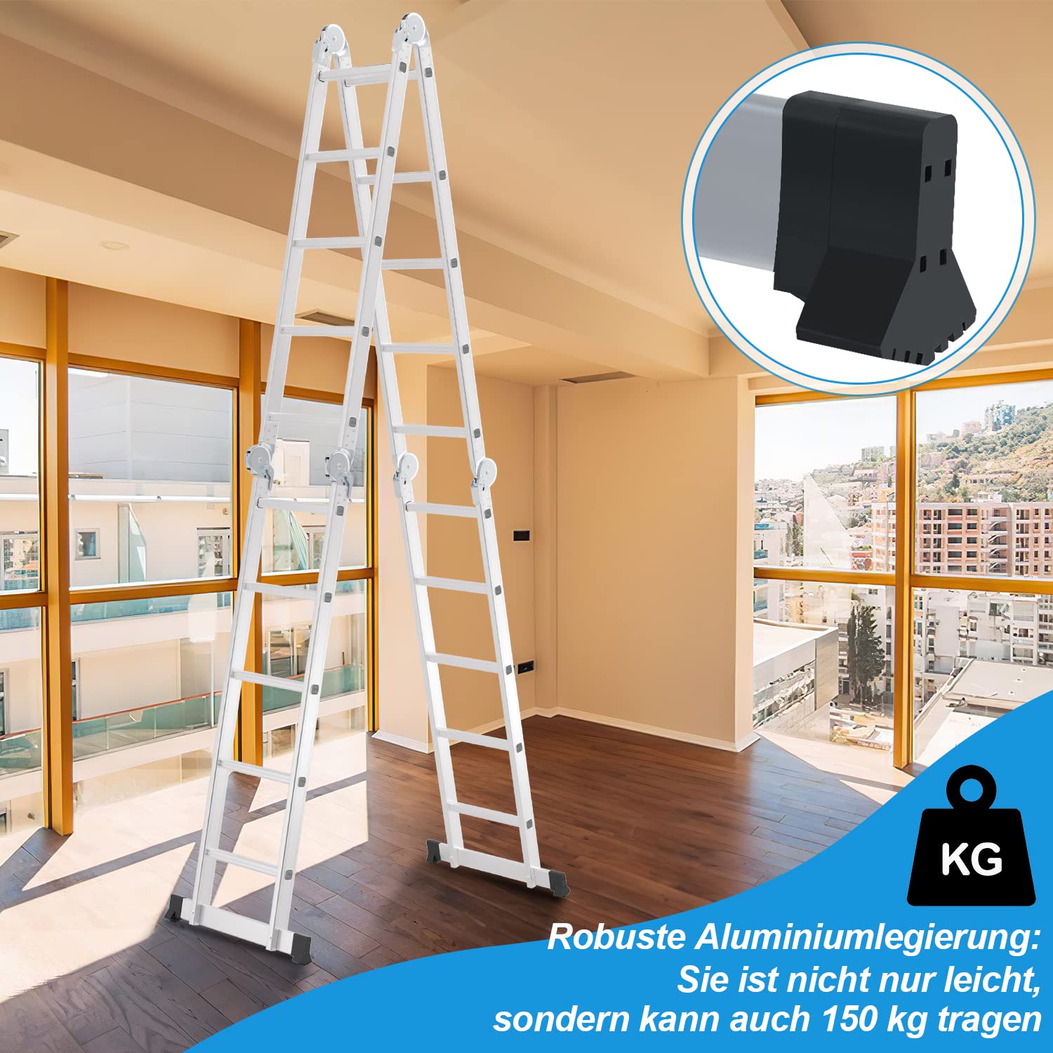 Échelle multifonction en aluminium de 5,8 m - 4 x 5 marches - Échelle multifonction avec plateforme - Échelle avec 2 plaques d'échafaudage - Jusqu'à 150 kg - Échelle pliante 20 marches