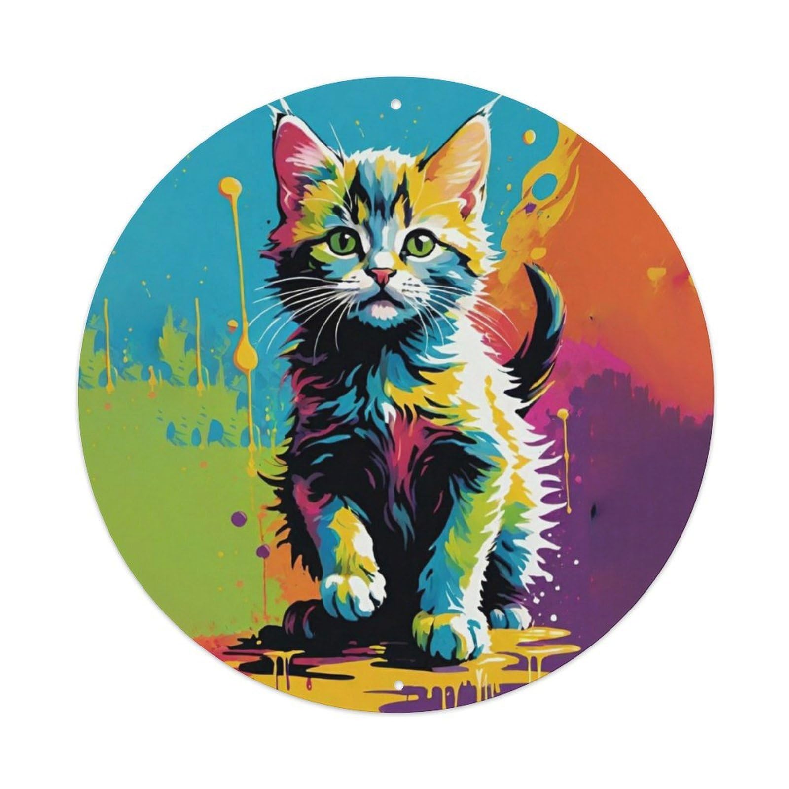 Animal Cat Colorful Art Graffiti Style Vintage Metal Tin Sign Plaque Wall Decor for Cafe, Club Bar, Office, Garden Metal Poster 8x8Inch