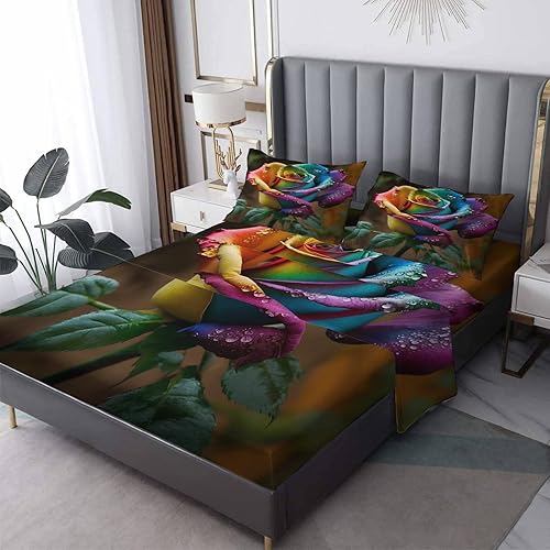 NOGAWA Juego de sábanas de flores tamaño matrimonial, sábanas con estampado de flores rosas, sábanas y fundas de almohada de 4 piezas, sábana bajera