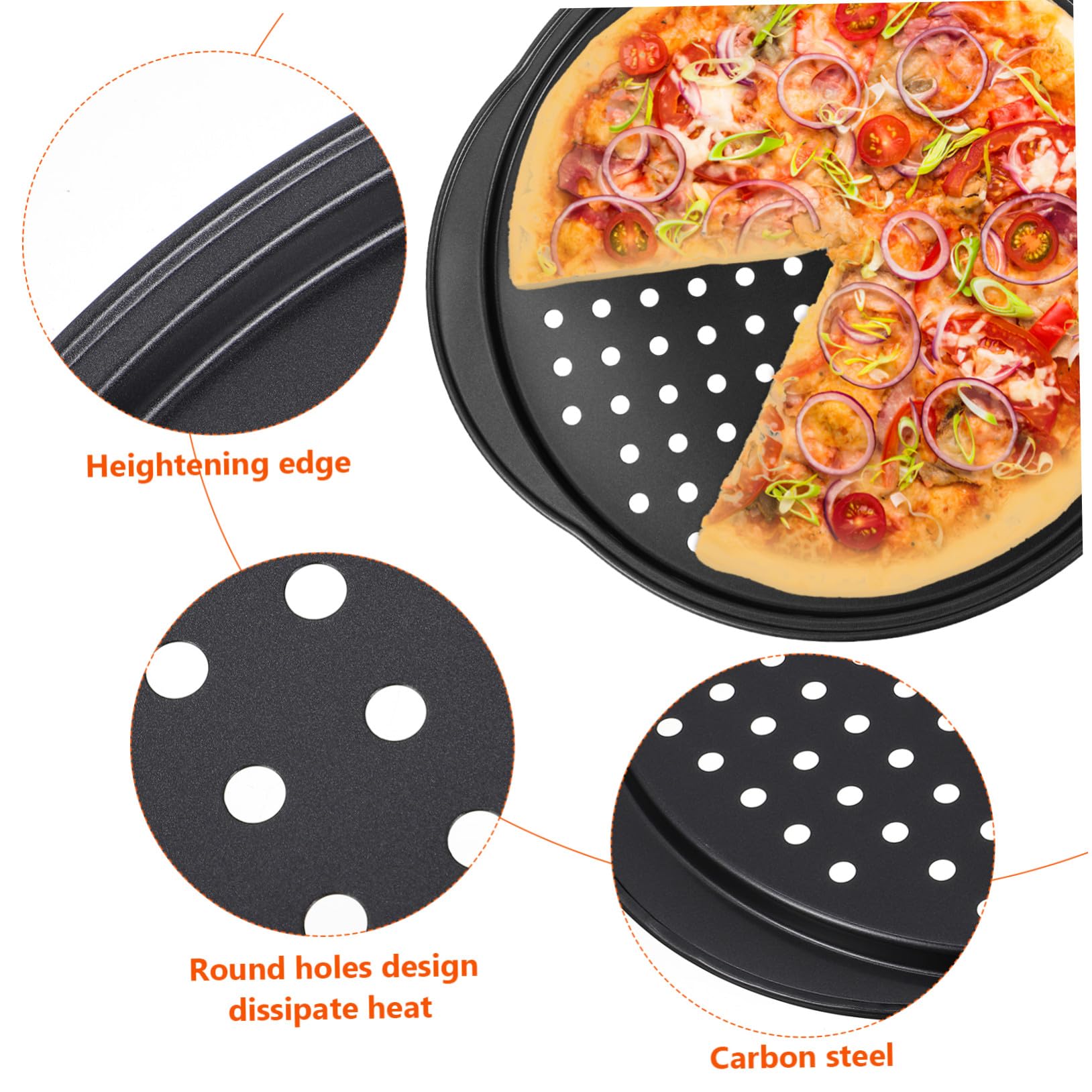 Ipetboom 4 Stück Perforierte Pizzapfannen Karbonstahl mit Antihaftbeschichtung Kleine Griffe Rund Gelocht Backbleche für Ofen Backzubehör Luftzirkulation für Knusprige Pizza