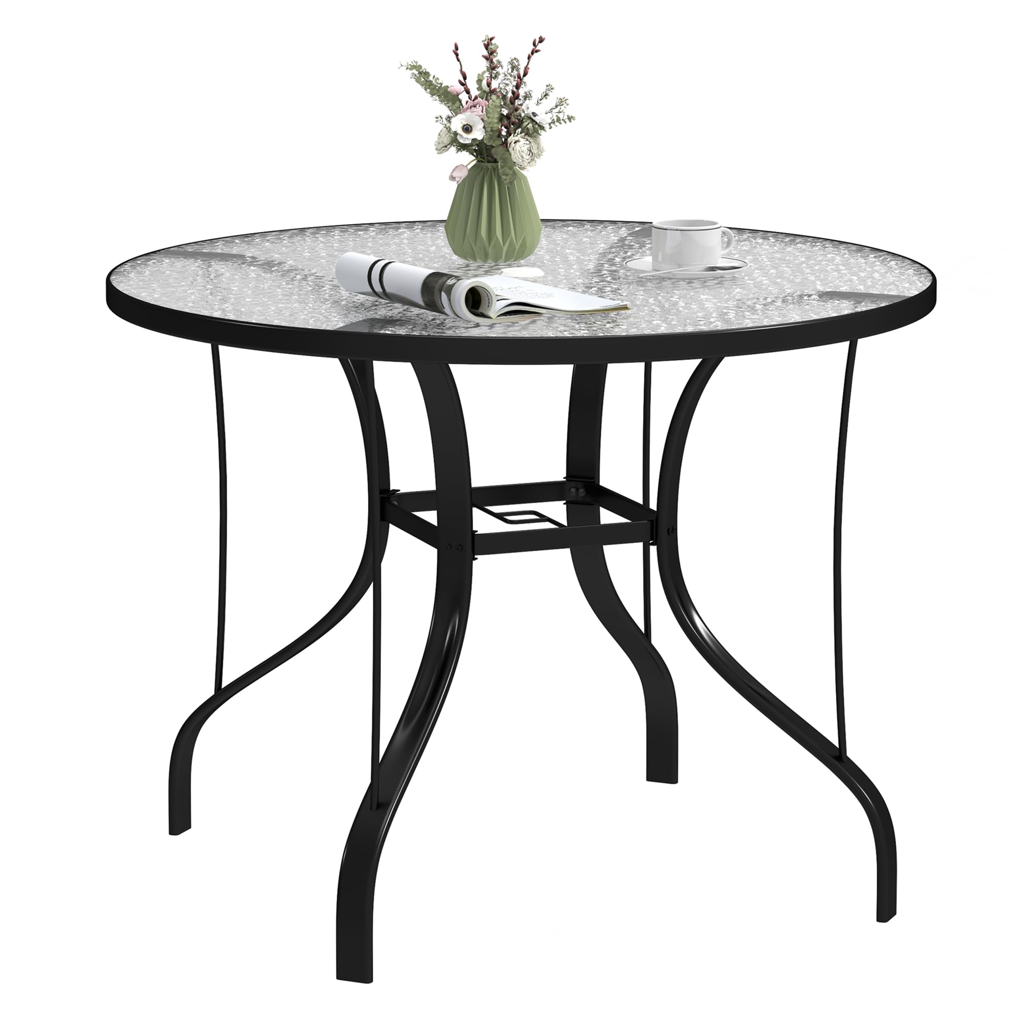 Outsunny Mesa de Jardín Exterior con Orificio para Sombrilla Mesa de Comedor Exterior con Encimera de Vidrio y Estructura Metálica para Patio Terraza Ø96,5x71 cm Negro