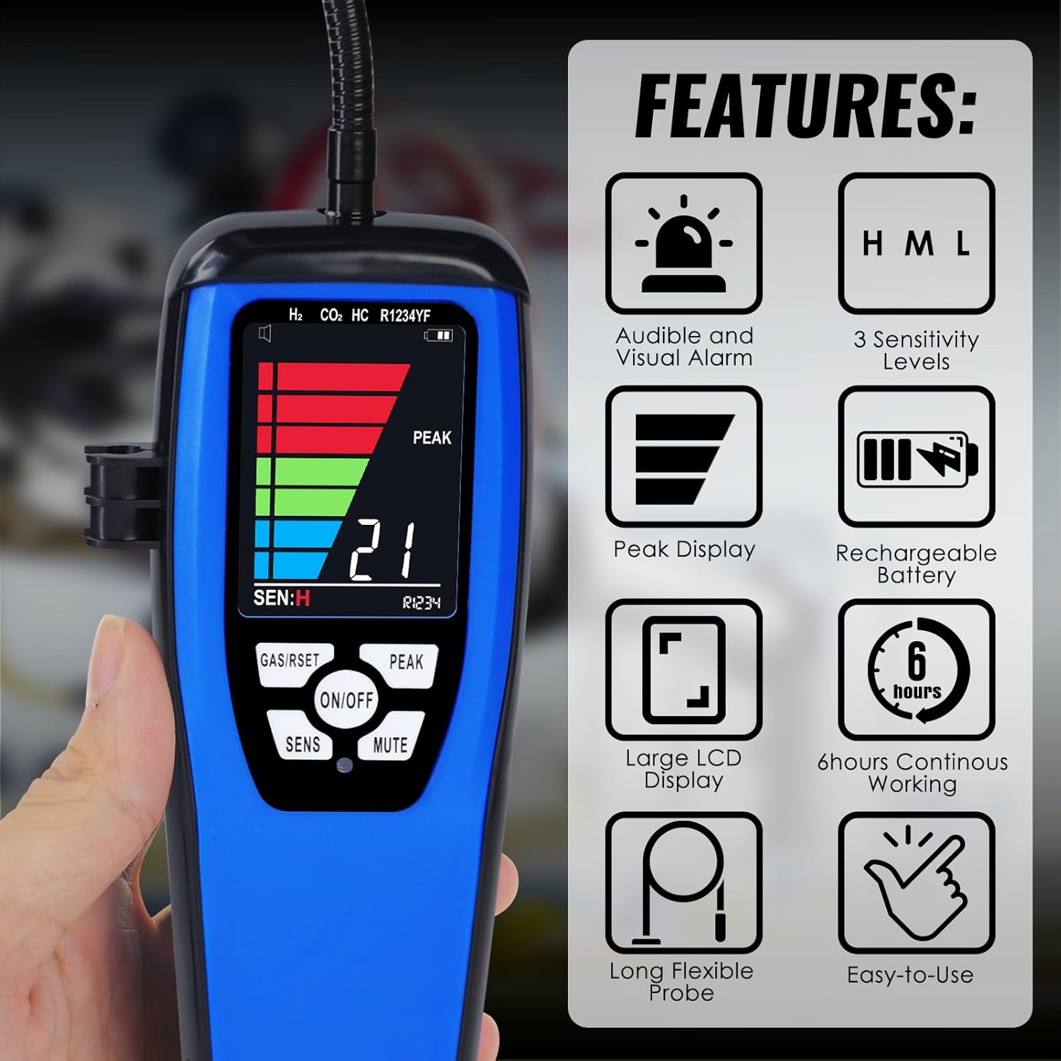 Refrigerant Leak Detector, HVAC Freon Leak Detector with 17 inch Probe, Rechargeable Gas Leak Detector for Air Conditioner, Refrigerator, Automotive, CFCs, HCFCs, HFCs, HFOs, R134A, R410A, R22