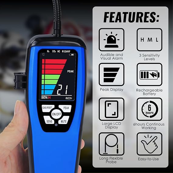Refrigerant Leak Detector, HVAC Freon Leak Detector with 17 inch Probe, Rechargeable Gas Leak Detector for Air Conditioner, Refrigerator, Automotive, CFCs, HCFCs, HFCs, HFOs, R134A, R410A, R22