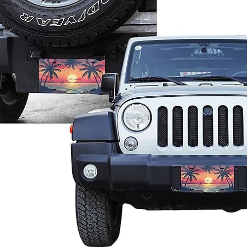 Miniatura 8 de Placa de matrícula delantera, diseño de palmeras al atardecer, placas de aluminio decorativas de metal para automóvil, flores, arco iris, playa,