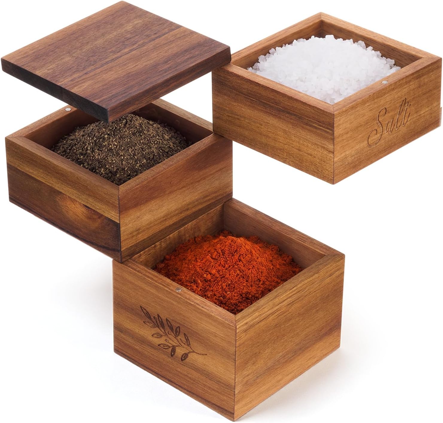 3 Tier Acacia Wood Salt Cellar, Square Swivel Triple Pepper Storage Box, Spice Box with with Magnetic Swivel Lids, Seasoning Holder for Salt, Herbs, and Spices, Grilling & Cooking