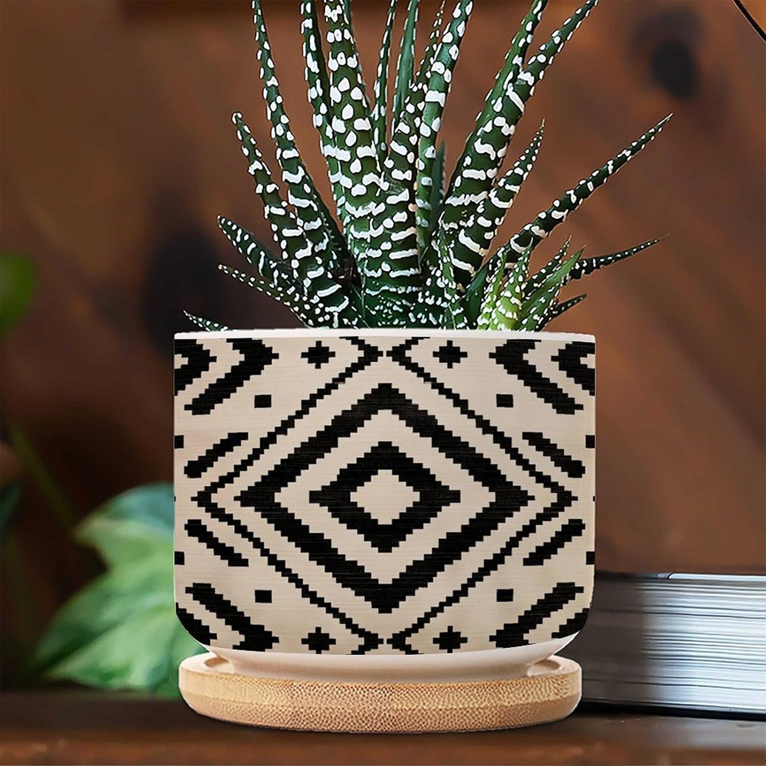 3 Piece Elegant Aztecs Print Ethnic Small Pots for Succulents Oriental Toile Chinoiserie Succulent Pot with Drainage Bamboo Trays American Native Southwestern Ceramics Planters