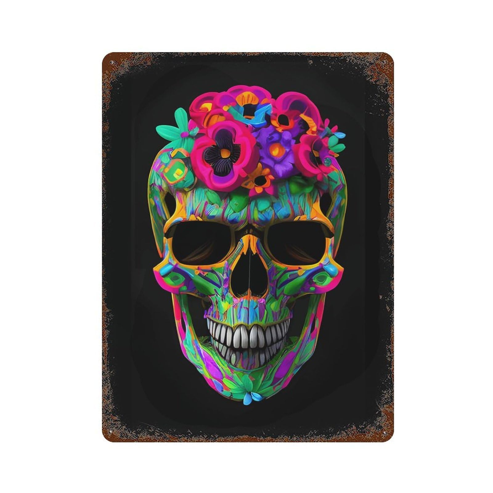 Floral Skull Fusion Rusty Metal Tin Sign 15.7"x11.8", Ideal for Patio, Garden Room And Bar Decor