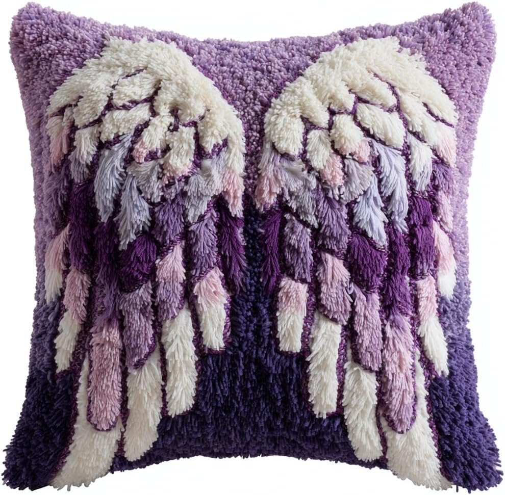 Latch Hook Pillow Kit Angel Wing Printed Pillow Cover DIY Crochet Yarn Hooking Pillowcase for Hobby and Home Decor 43x43cm-2