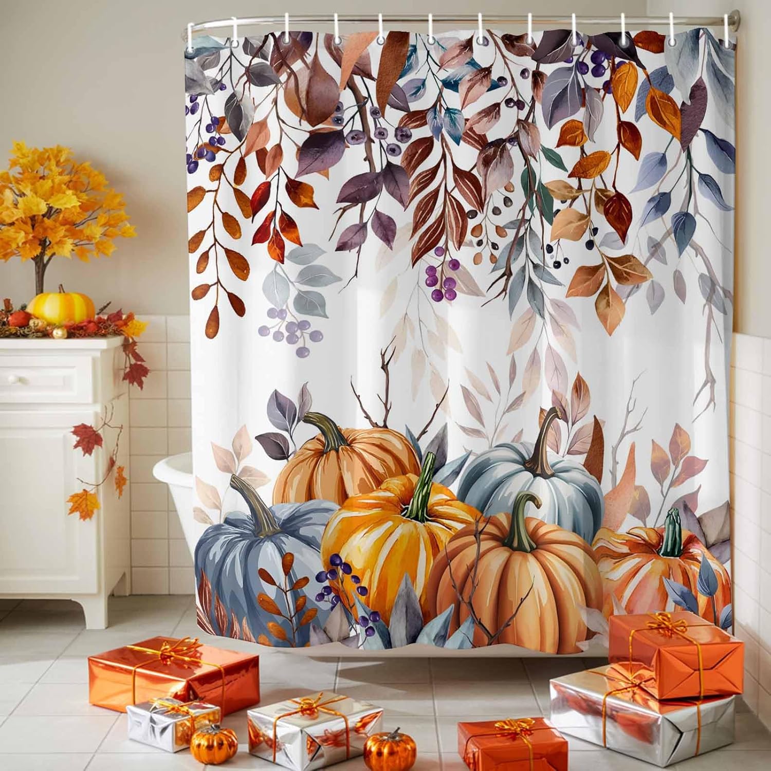 Orange Blue Fall Shower Curtain Set - Standard 72" x 72" Washable Branch Thanksgiving Bathtub Curtain with 12 Hooks, Botanical Pumpkins Waterproof Fabric Stall Shower Curtains for Bathroom