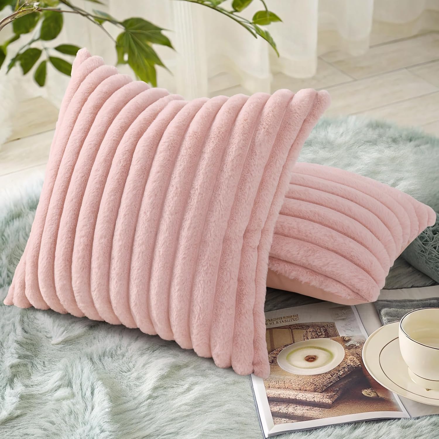 decorUhome Cozy Faux Fur Throw Pillow Covers 18x18 Set of 2 Decorative Soft Plush Striped Modern Farmhouse Boho Couch Pillow Cases with Velvet Back for Sofa Bed Living Room Valentines, Pink - Image 4