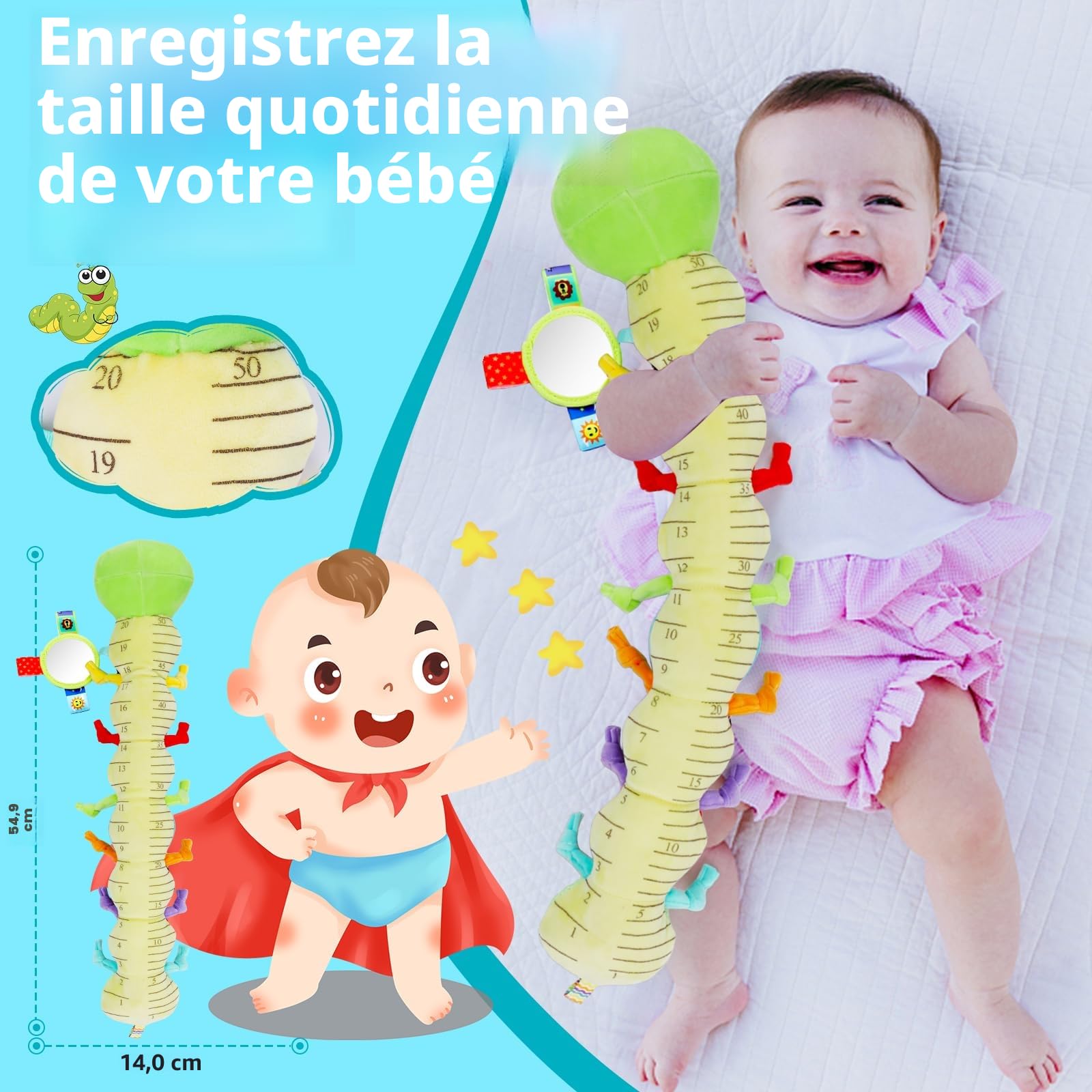 Jouet Bebe 0 3 6 Mois Jouet Peluche Chenille Musicale, Jouet Sensoriels Montessori, Jeux Eveil Bebe 0-3 3-6 Mois avec Hochet Miroir Bebe, Cadeau Naissance Garcon Fille 0-6 Mois