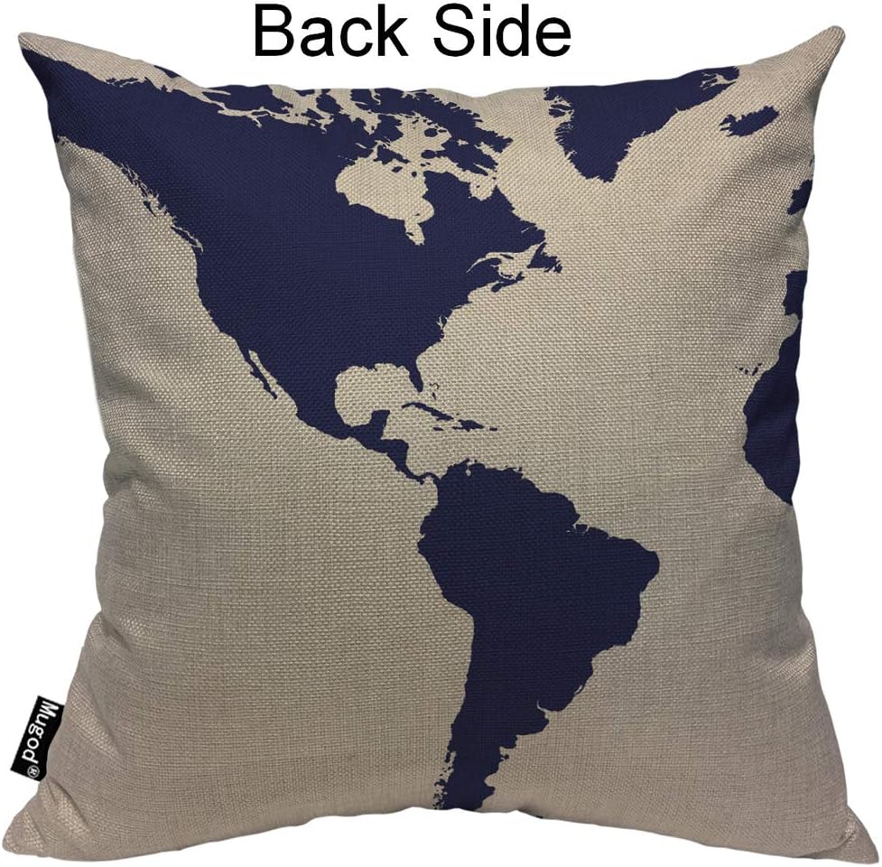 Mugod Globe Map Print Throw Pillow Cover Vintage World Map Watercolor Splash Dark Blue Ink Decorative Pillow Cases Square Cotton Linen Cushion Cover for Home Bed Sofa Couch 18x18 Inch - Image 2