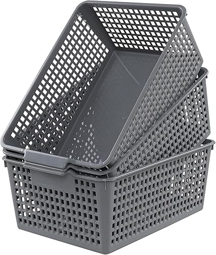 Ramddy Paquete de 3 cestas de almacenamiento grises, cestas organizadoras de plástico grandes