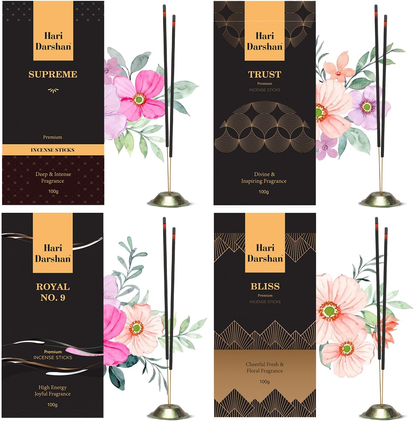 Hari Darshan Premium Agarbatti Stick Combo - 400 Sticks | Long-Lasting Fragrance | Bliss, Supreme Agarbathies for Pooja in a Decorative Agarbatti Box Royal No. 9 Incense Sticks (Pack of 4, 100g Each)